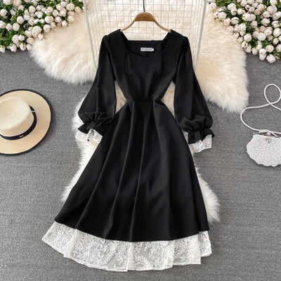 Large size fat mm French over the knee dress women's 2022 spring new style waist and thin long little black dress