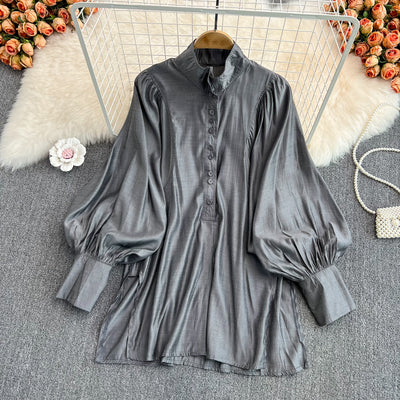 Spring and Autumn Fu loose belly cover casual all-match long-sleeved split stand-up collar shirt skirt fashion mid-length lantern sleeve top