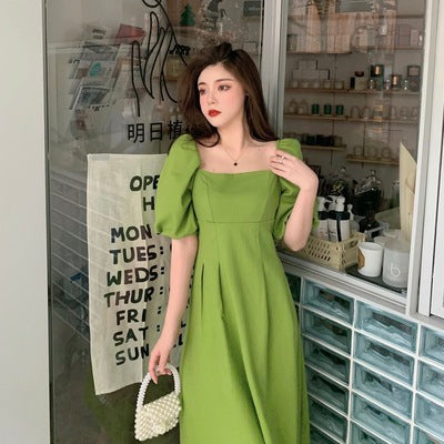 Large size women's skirt 2023 new summer fat sister French square collar dress retro waist bellflower skirt female