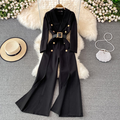 2023 spring fashion OL professional temperament strap waist suit collar jumpsuit high waist slit wide leg jumpsuit