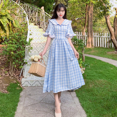 Blue long skirt French gentle wind Japanese bellflower skirt summer large size fat mm high waist thin retro plaid dress