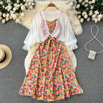 French retro age reduction cover belly show thin floral sling dress chiffon shawl jacket sweet temperament two-piece set