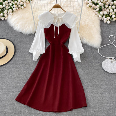 Spring and autumn new fashion fake two-piece doll collar waist slim dress retro lady temperament large swing dress