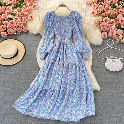 French Retro Bellflower Skirt Sen Department Super Fairy Puff Sleeve Square Collar Floral Dress Elegant Temperament Large Swing Long Skirt