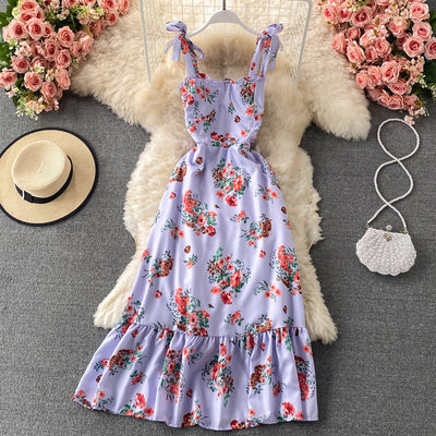 2021 summer new girly temperament fungus edge tie bow floral mid-length ruffled dress female