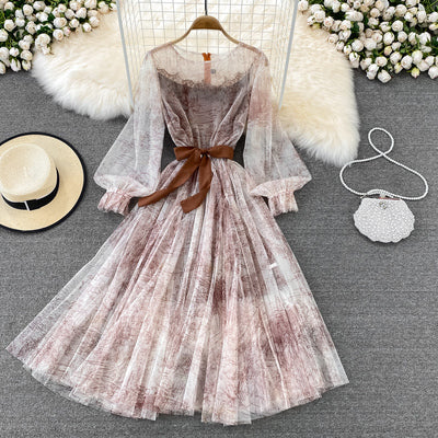 Super fairy perspective ink retro puff sleeves waist thin round neck mesh dress elegant temperament large swing long skirt