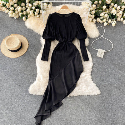 2021 autumn new style slimming waist mid-length bellflower skirt French design irregular dress women