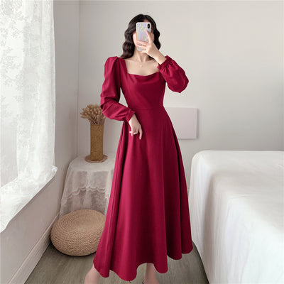 White Hepburn long-sleeved dress women's autumn and winter square neck waist slimming retro plus velvet bottoming temperament long skirt