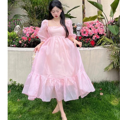 French first love temperament puff sleeves waist organza dress summer princess tutu skirt pink fairy skirt