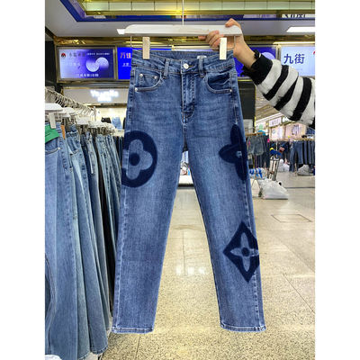 European printing color contrast high waist nine-point jeans women's autumn 2022 new slim slim eight-point cigarette pants