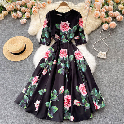 Noble and elegant women's clothing 2022 new trendy retro printing slim mid-length dress dress women's summer dress