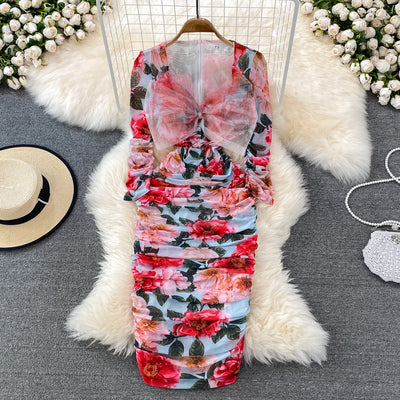 Sexy Bow Knot Square Neck Rose Print Mesh Stretch Tight Hip Dress Elegant Temperament Dress Long Skirt