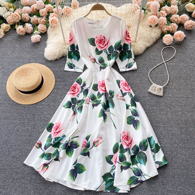 Noble and elegant women's clothing 2022 new trendy retro printing slim mid-length dress dress women's summer dress