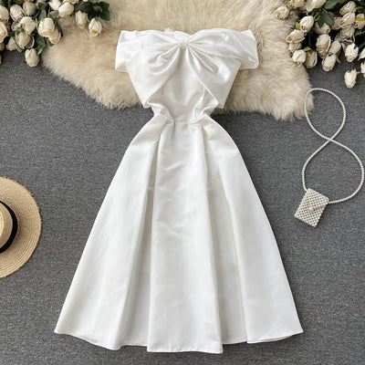 French niche dress women can usually wear white fairy dress bow one word collar tube top photo long dress