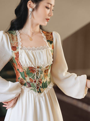 Autumn new 2022 French retro sweet and high-end princess skirt at the waist oil painting white dress