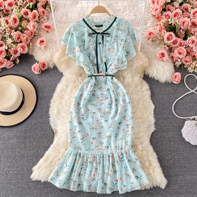 2022 summer new temperament waist and thin mid-length ruffled stand-up collar floral chiffon package hip dress dress