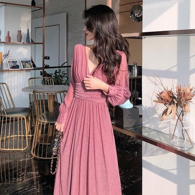 Dress waist shows thin temperament spring 2022 new women's French long-sleeved fairy skirt light luxury long skirt is tall