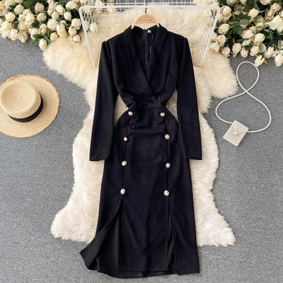 European and American style suit V-neck long-sleeved dress 2021 autumn new double-breasted waistband scheming slit A-line skirt