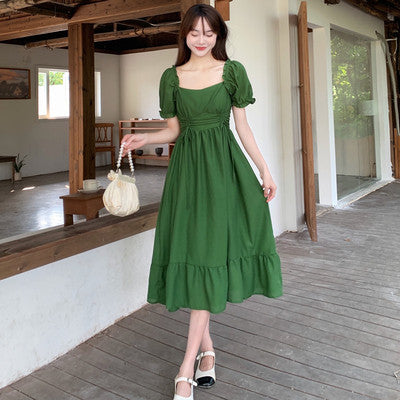 Large size French retro fresh green dress women's summer fat MM lotus leaf design sense waist slim long skirt