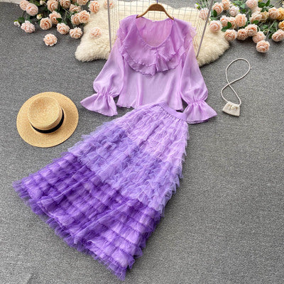 Fashionable personality sweet lotus leaf puff sleeve top mesh cake skirt 2022 new European and American suit tide