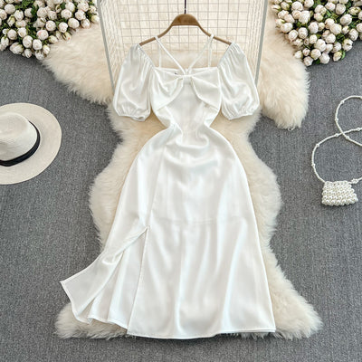 French first love dress with waist and thin temperament, gentle wind, halter neck, square collar, mid-length slit, white A-line dress