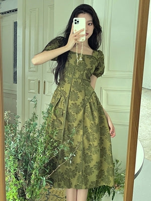 French retro green dress women's