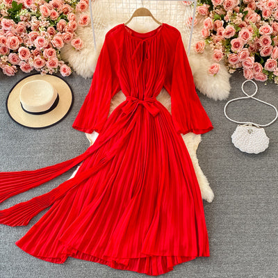 Autumn Korean chic light and mature temperament round neck tie waist pleated dress elegant temperament large swing long skirt