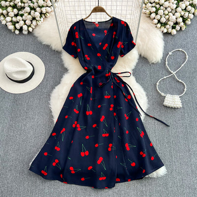 Gentle style cherry print V-neck dress short-sleeved summer new French-style waist and thin a-line long skirt