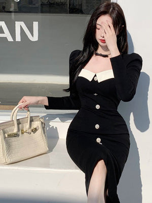 Favorite baby(30 popularity) Hepburn style dress skirt light luxury niche high-end color matching square collar dress slim