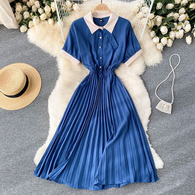 Fresh and age-reducing elegant ladylike dress lapel short-sleeved tie waist waist slimming A-line large swing pleated skirt
