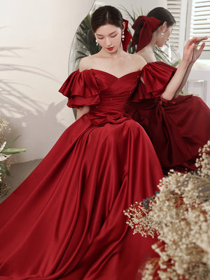 One-shoulder bridal toast dress 2022 new wedding satin red dress cover arm slim engagement dress