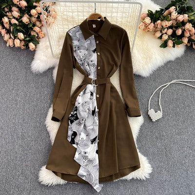 2021 autumn new design sense small irregular mid-length western style fashion print tie-dye shirt dress