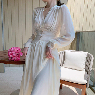 Fat sister spring new lady temperament chiffon long skirt waist is thin and light and mature style white dress large size woman