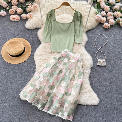 French Gentle Style Suit Square Neck Puff Sleeve Slim Knit Top High Waist Mesh Embroidered Skirt Two Piece Set