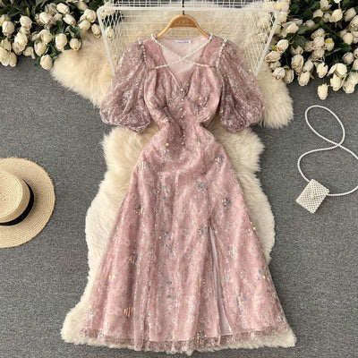 2022 Design Sense Heavy Industry Bead Embroidery New Korean Floral Dress French Waist Temperament Dress Tide