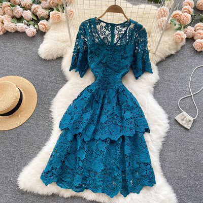 Celebrity light familiar style heavy industry hollow hook flower French dress slim fit and thin high-end elegant lace cake skirt