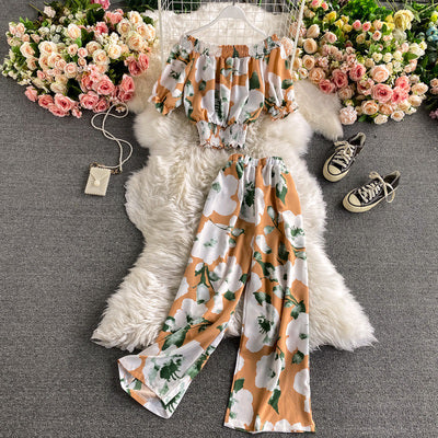 Fried street suit summer new holiday style print one-shoulder off-shoulder chiffon shirt all-match high-waisted wide-leg pants two-piece set