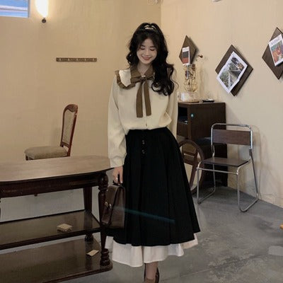 Large size fat MM French retro literary style skirt women's 2021 autumn new shirt + fairy skirt two-piece set