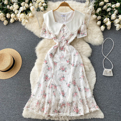 Gentle printed dress women's summer waist slimming short-sleeved temperament doll collar retro lace sweet long skirt