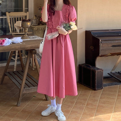 Skirt 2021 new square neck dress female summer waist slim temperament A-line skirt Mori French first love long skirt