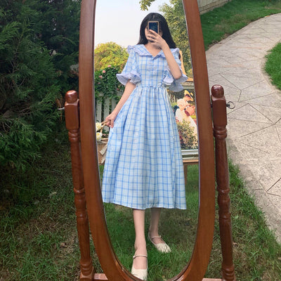 Large size women's plaid skirt 2021 new summer fat sister trumpet sleeve French dress Japanese cute long skirt