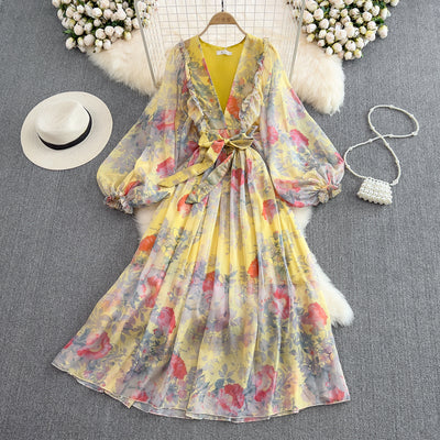 Gentle style tea break skirt French deep V-neck puff sleeves floral chiffon dress seaside holiday big swing long skirt