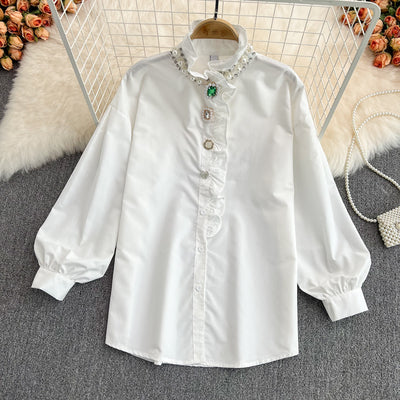 Spring and autumn fashion super fairy foreign style nail beads fungus edge collar white shirt loose lantern sleeve doll shirt top