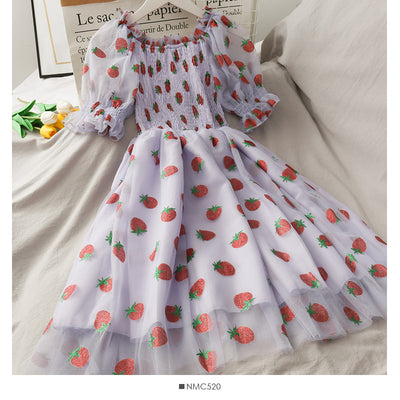 2020 summer super fairy sequins strawberry print high waist mid-length mesh skirt women's pleated one-shoulder dress trendy