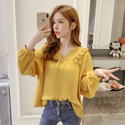 Doll collar chiffon shirt long-sleeved women's spring 2022 new loose cover belly V-neck all-match small shirt Western style top