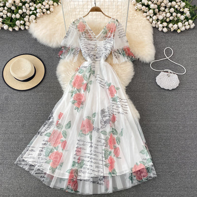 2022 spring and summer fairy skirt sweet first love super fairy French long dress mesh floral skirt princess skirt