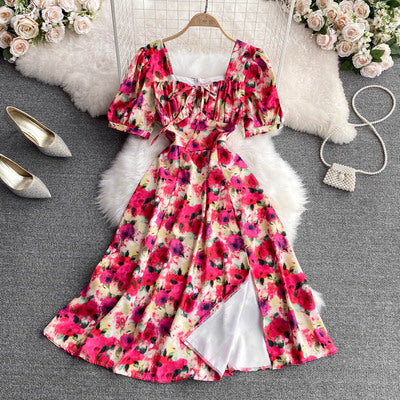 Bali beach dress high waist slim temperament seaside holiday floral dress fashion waist tie-dye print dress