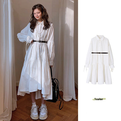 Retro French niche waist thin loose irregular ruffled long shirt dress women's spring and autumn new