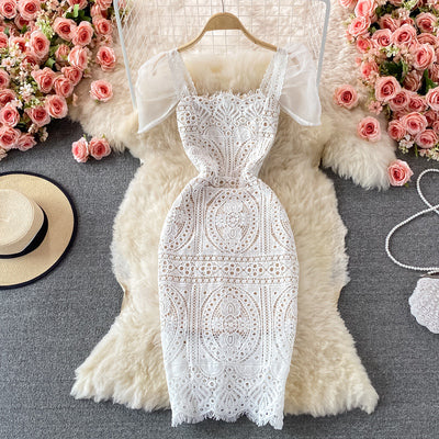 Square Neck Puff Sleeves High Waist Slim Fit Slim Mid Length Lace Temperament Gentle Wind High-end Lace Dress Dress