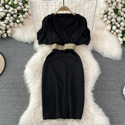 2022 summer new commuter retro feminine V-neck pleated high-waisted slim A-line dress dress short sleeves